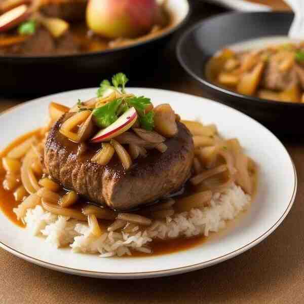 Свинина тушенная с яблоками и луком
